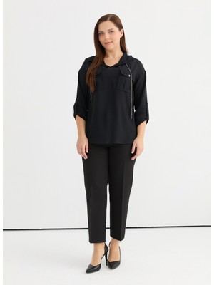 Selen Kapüşon Yaka Taşlı Siyah Kadın Bluz 25YSL8031-BB