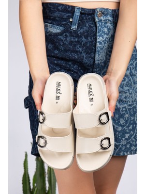 Pienn Mulex Kadın Krem Tokalı, Şık, Deri Günlük Siyah Sandalet/Terlik