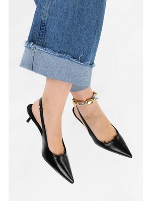 Shoeberry Kadın Kate Siyah Cilt Stiletto Düz Topuklu Suni Deri Ayakkabı Jurdan Taban ile Şık Tasarım