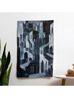 Painted Anarchy Kübizm Soyut Şehir Manzarası  Duvar Örtüsü - Canlı Süblimasyon Baskı, %100 Pamuk Sırt, Yatak