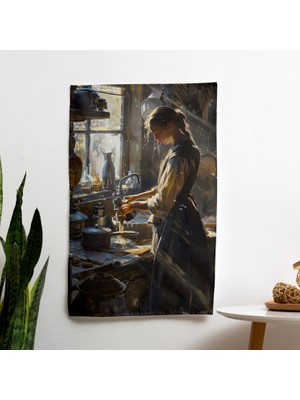 Painted Anarchy Modern Sanat Duvar Örtüsü - Johannes Vermeer  - Mutfakta Sütçü Kız, %100 Pamuk Sırt, Polyester