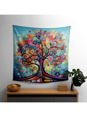 Painted Anarchy Kaprisli Hayat Ağacı  Duvar Örtüsü - Canlı Renkler, %100 Pamuk Sırt, Süblimasyon Baskı - Yatak