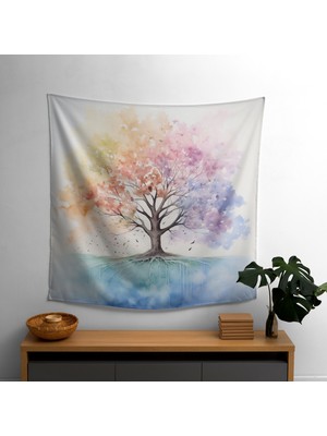 Painted Anarchy Sakin Hayat Ağacı Suluboya Duvar Örtüsü - %100 Pamuk Sırt, Polyester Ön - Canlı Renkler
