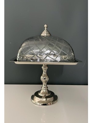 Lamedore Kare Ayaklı Cam Kapaklı Kek Standı Nikel 24X24X35 cm