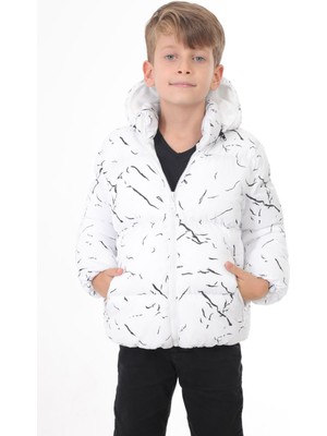 Erkek Çocuk Beyaz Çıkabilir Kapüşonlu Su ve Rüzgar Geçirmez Cepli Kışlık Şişme Mont & Kaban & Parka