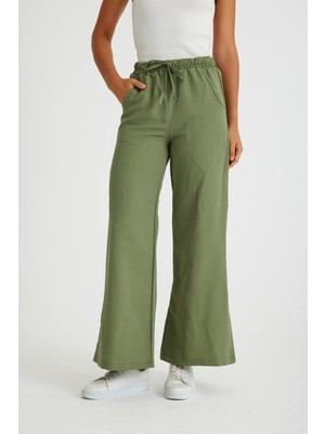 Tasarım Beli Lastikli Bağcıklı Keten Günlük Pantolon