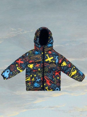 Kız Çocuk Içi Polarlı Kapüşonlu Helikopter Desenli Kışlık Şişme Mont & Kaban & Parka