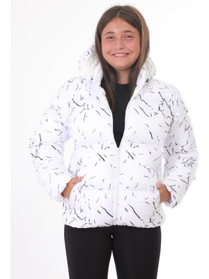 Kız Çocuk Beyaz Çıkabilir Kapüşonlu Su ve Rüzgar Geçirmez Cepli Kışlık Şişme Mont & Kaban & Parka