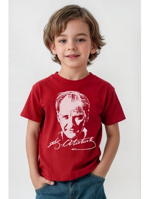 Unisex Kırmızı Mustafa Kemal Atatürk 23 Nisan 19 Mayıs Baskılı Çocuk Tişört