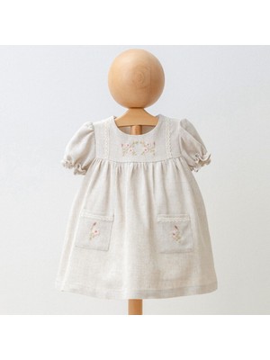4233MY Kız Bebek Keten Cepli Çiçek Nakışlıi Keten Elbise