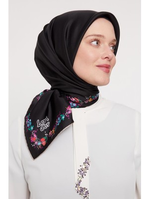 Siyah Cicek Serit Twill Ipek Eşarp