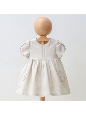 4288MY Kız Bebek Çiçek Nakışlıi Keten Elbise