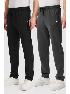 Siyah-Antrasit Erkek Fermuarlı Cepli Nakış Detaylı Düz Paça Rahat Kesim Günlük 2'li Eşofman Altı MTLCE107