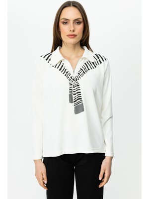 Karma 56343 Onteks Yakası Fermuarlı Baskılı Uzun Kol Bluz