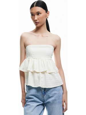 Koton Dokulu Bürümcük Kumaş Katlı Fırfırlı Straplez Üst