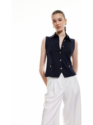 Koton Slim Fit Gold Düğme Detaylı Kolsuz Ceket Yaka Yelek