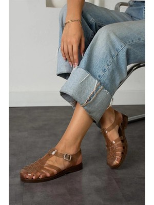 Wolk Shoes Ruby Kadın Sandalet Şeffaf Kahverengi Kemer Detaylı Rahat Malzeme ile