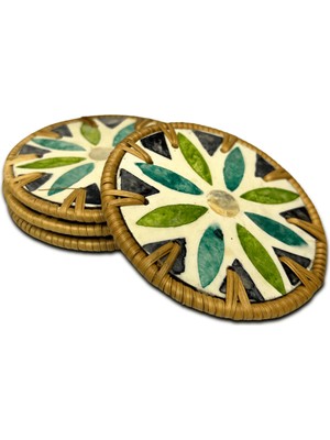 4'lü Blue & Green Design Sedef Kaplama Rattan Bardak Altlığı