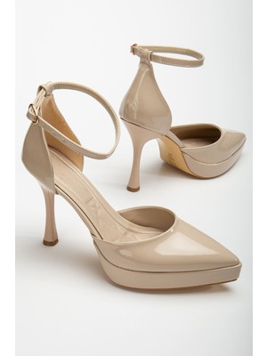 Edel Bej Rugan Platformlu Sivri Burunlu Kalın Topuklu Ayakkabı