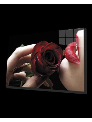 Kırmızı Gül ve Kadın Cam Tablo   Red Rose And Table