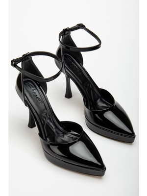 Edel Siyah Rugan Platformlu Sivri Burunlu Kalın Topuklu Ayakkabı