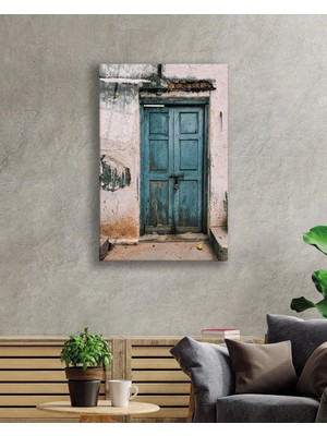 Mavi  Ahşap Kapı Görselli Dikey Cam Tablo