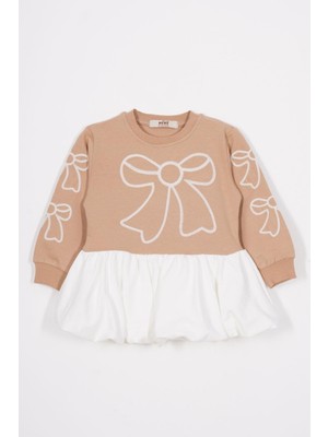 Bisiklet Yaka Fiyonk Detaylı Balon Etekli Gül Vizon Renk Kız Çocuk Etekli Elbise