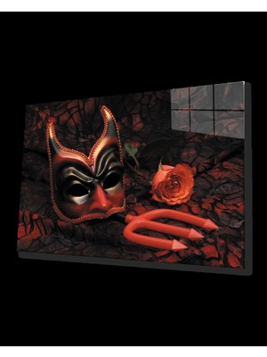Maske Kırmızı Gül Cam Tablo   Mask Red Rose Table