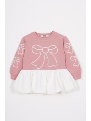 Bisiklet Yaka Fiyonk Detaylı Balon Etekli Gül Kurusu Renk Kız Çocuk Etekli Elbise