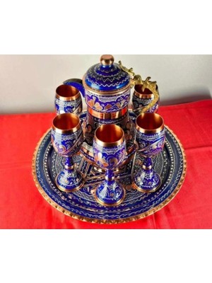 Bakır Ayran ve Içecek Seti 6 Kişilik Kadehli Yuvarlak Tepsi