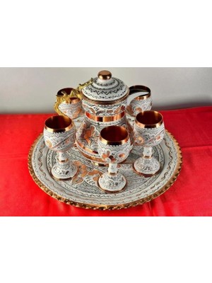 Bakır Ayran ve Içecek Seti 6 Kişilik Kadehli,yuvarlak Tepsi