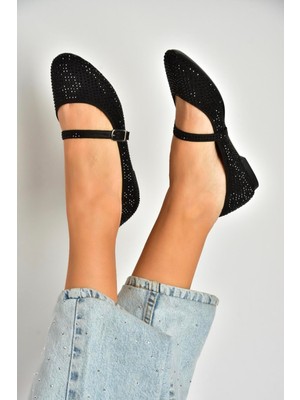 Fox Shoes U726628004 Siyah Kumaş Taş Detaylı Babet