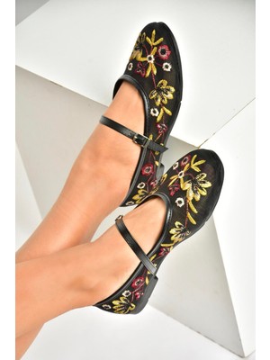 Fox Shoes U267853215 Siyah File Çiçek Motifli Kadın Babet