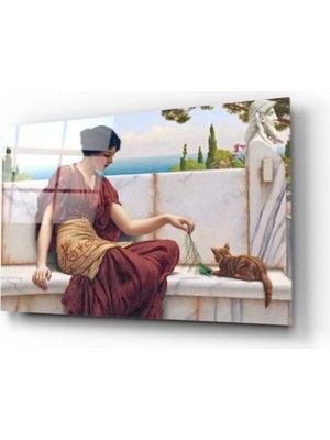 Kadın ve Kedi Cam Tablo