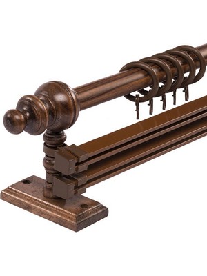 Ceviz 100 cm Çiftraylı Rustik Perde Askı Seti (Ahşap Başlık ile Aluminyum Boru ve Ray)