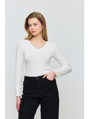 2070 V Yaka Uzun Kol Bluz Ekru