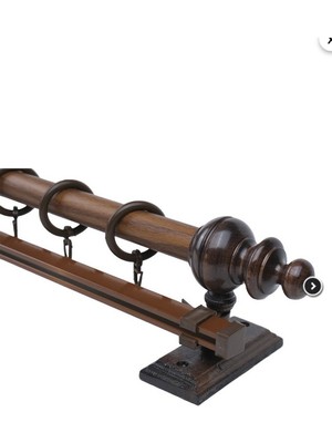 Ceviz 275 cm Tekraylı Rustik Perde Askı Seti (Ahşap Başlık ile Aluminyum Boru ve Ray)