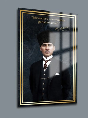 Taulart Atatürk Portre ve Türk Bayrağı Dikey Cam Tablo, Modern Duvar Dekoru , Kurum Ofis Iş Hediyelik Tablo Temperli Cam Tablo