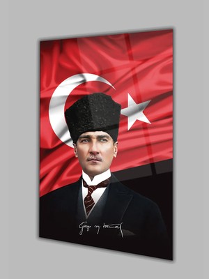 Taulart Atatürk Portre ve Türk Bayrağı Dikey Cam Tablo, Modern Duvar Dekoru , Kurum Ofis Iş Hediyelik Tablo