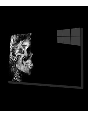 Siyah Beyaz Fütüristik Kurukafa Cam Tablo  Futuristic Skull