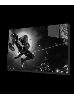 Siyah Beyaz Örümcek Adam Cam Tablo