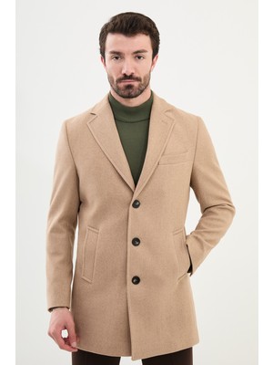 Mcr Düz Bej Slim Fit Mono Yaka Klasik Erkek Kaşe Kaban