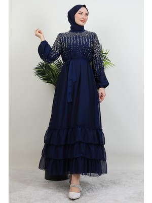 Suna Incili Şifon Elbise Lacivert