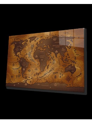 Eski Kahverengi Dünya Haritası  Cam Tablo