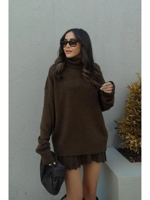 Kahve Pileli Mini Etek Balıkçı Kazak Alt Üst Triko Takım