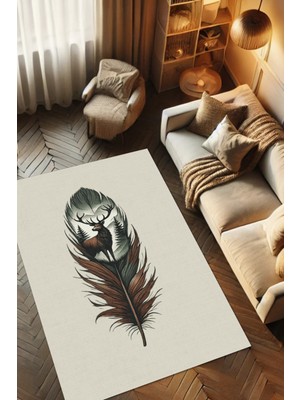 The Reef Design Geyik Desenli Halı Kuş Tüyü Desenli Puslu Orman Temalı Halı Temalı Diital Baskılı Halı Genç Odası Halısı