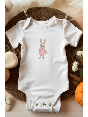 Bebek Perisi Pembe Elbiseli Sevimli Tavşan Tasarımlı Bebek Body