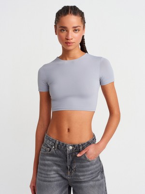 Dilvin 31175 Bisiklet Yaka Crop Top-Gri