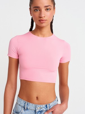 Dilvin 31175 Bisiklet Yaka Crop Top-Pembe