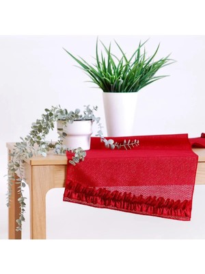 Simli Keten Runner Kırmızı Fırfırlı 45 x 150